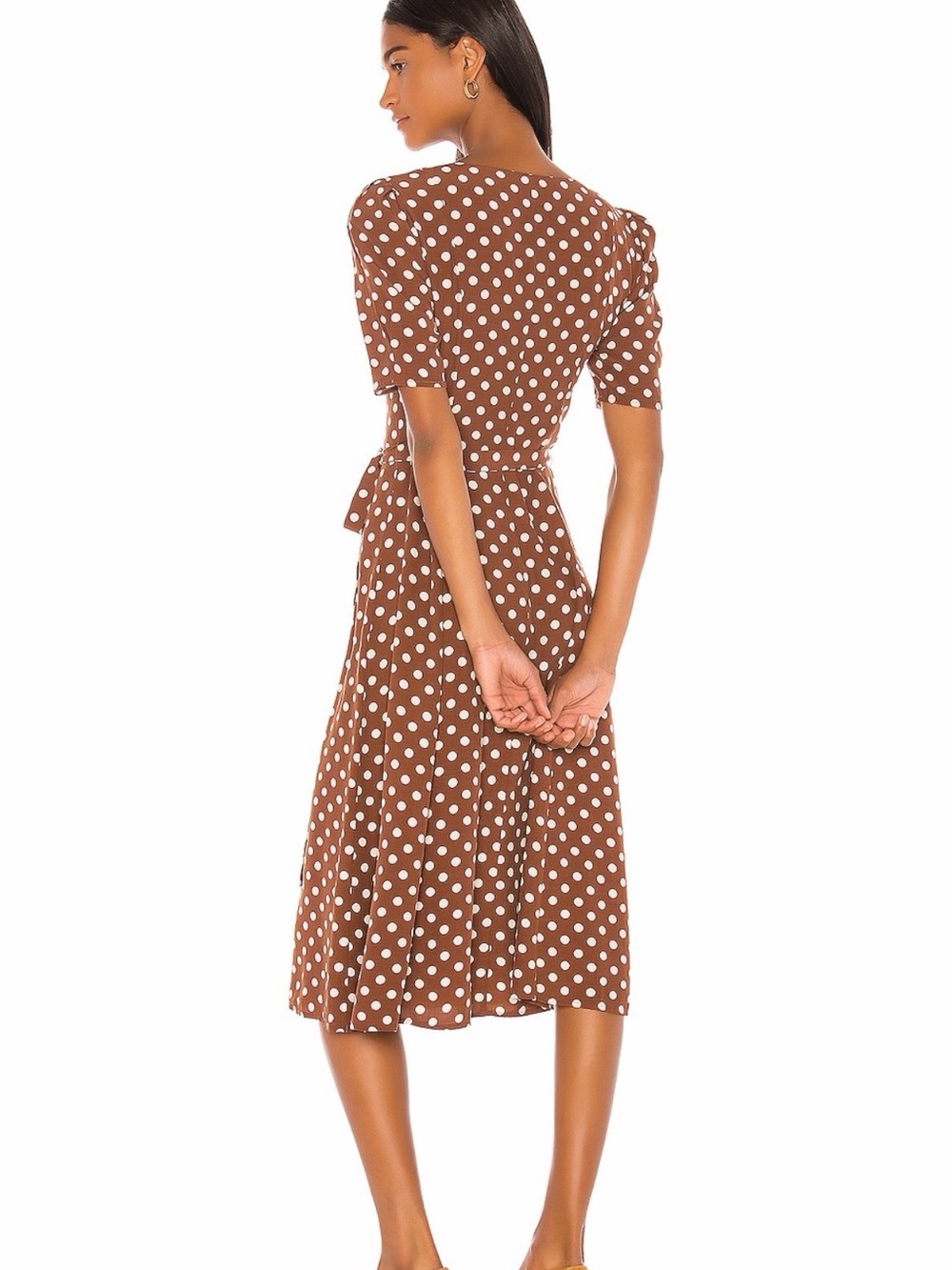 NEVER WORN**LPA Brown and White Polka Dot Wrap Midi Dress - Picture 3 of 13